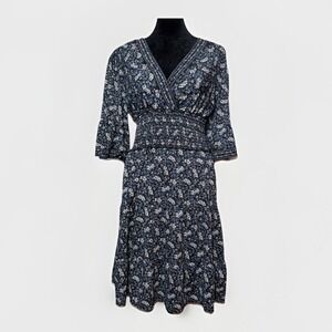Max Studio Georgette Ditsy Floral Print Dress Size M Blue Black Smocked Tiered